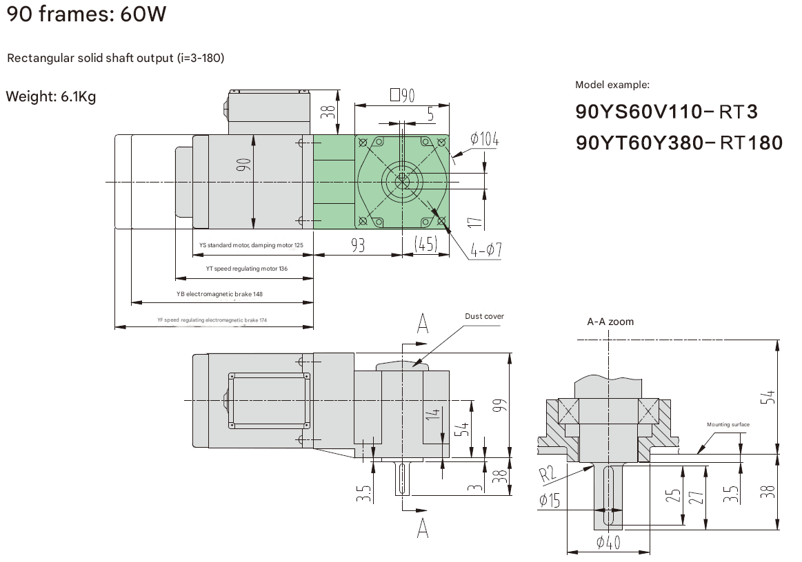 60W Signle-Phase High Efficiency Metal Gear Motor Gear Shaft Micro Reduction Motor with Rectangular Solid Shaft Reducer