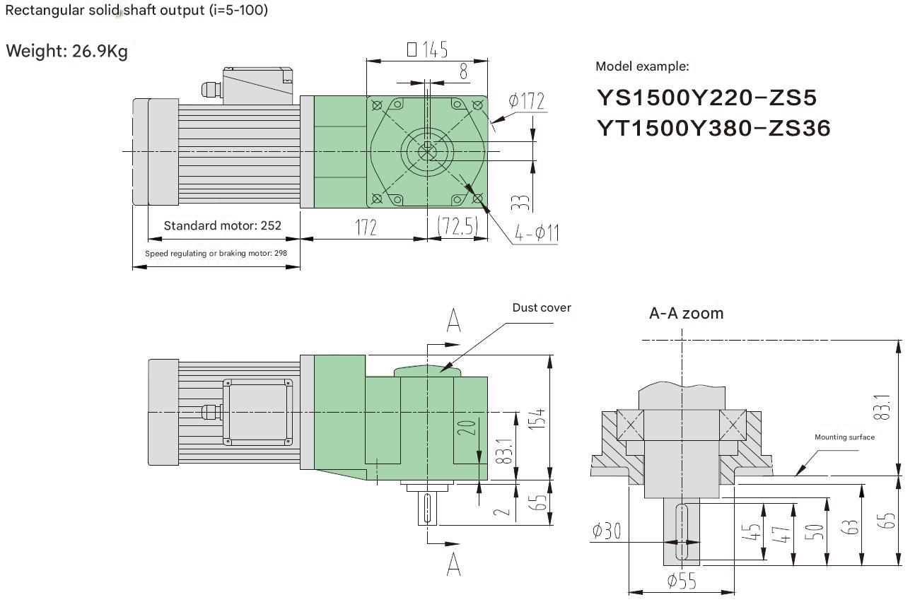 90 Degree Gear Drive Orthogonal Bevel Reducer Solid/hollow Shaft Medium-sized Right Angle Reduction Gearbox with 1500w Motor