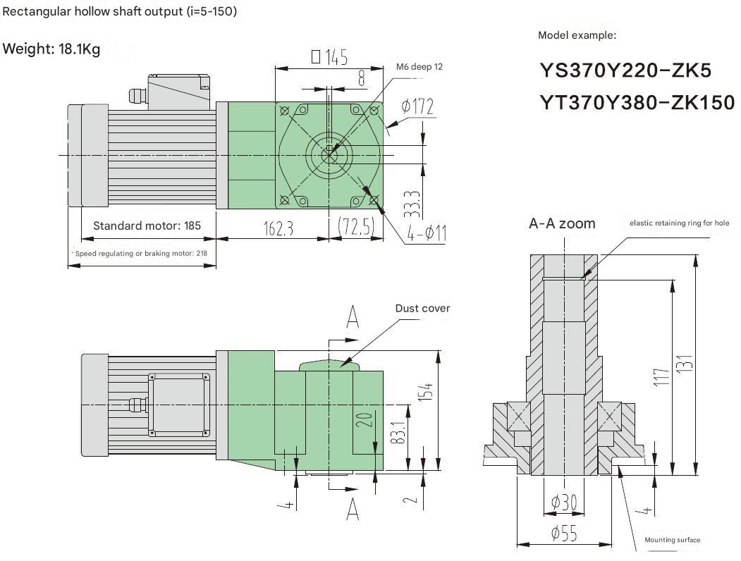 High Efficiency Compact Medium-sized Right Angle Speed Reducer with Hollow Shaft for 370W Electric Motor ODM Customized Support