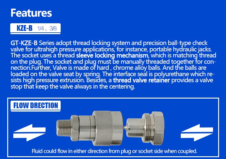KZE-B 3/8 Inch  Ball Valve  NPT/BSP Threaded  Locked Type 10000PSI/700BAR  High Pressure Hydraulic Disconnect Couplings for Jack
