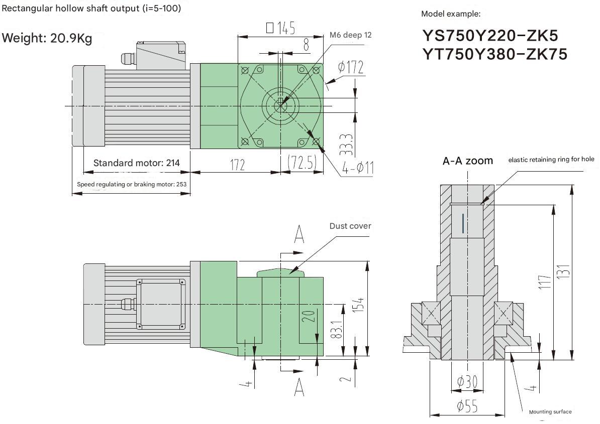 Bevel Reducer Solid/hollow Shaft Medium-sized Right Angle Reduction Gearbox with Optional 750w Motor