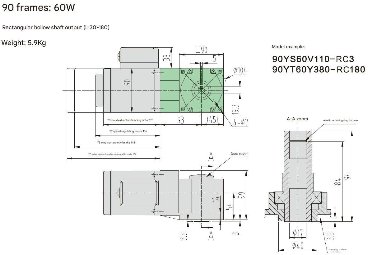 60W Signle-Phase High Efficiency Metal Gear Motor Gear Shaft Micro Reduction Motor with Rectangular Solid Shaft Reducer
