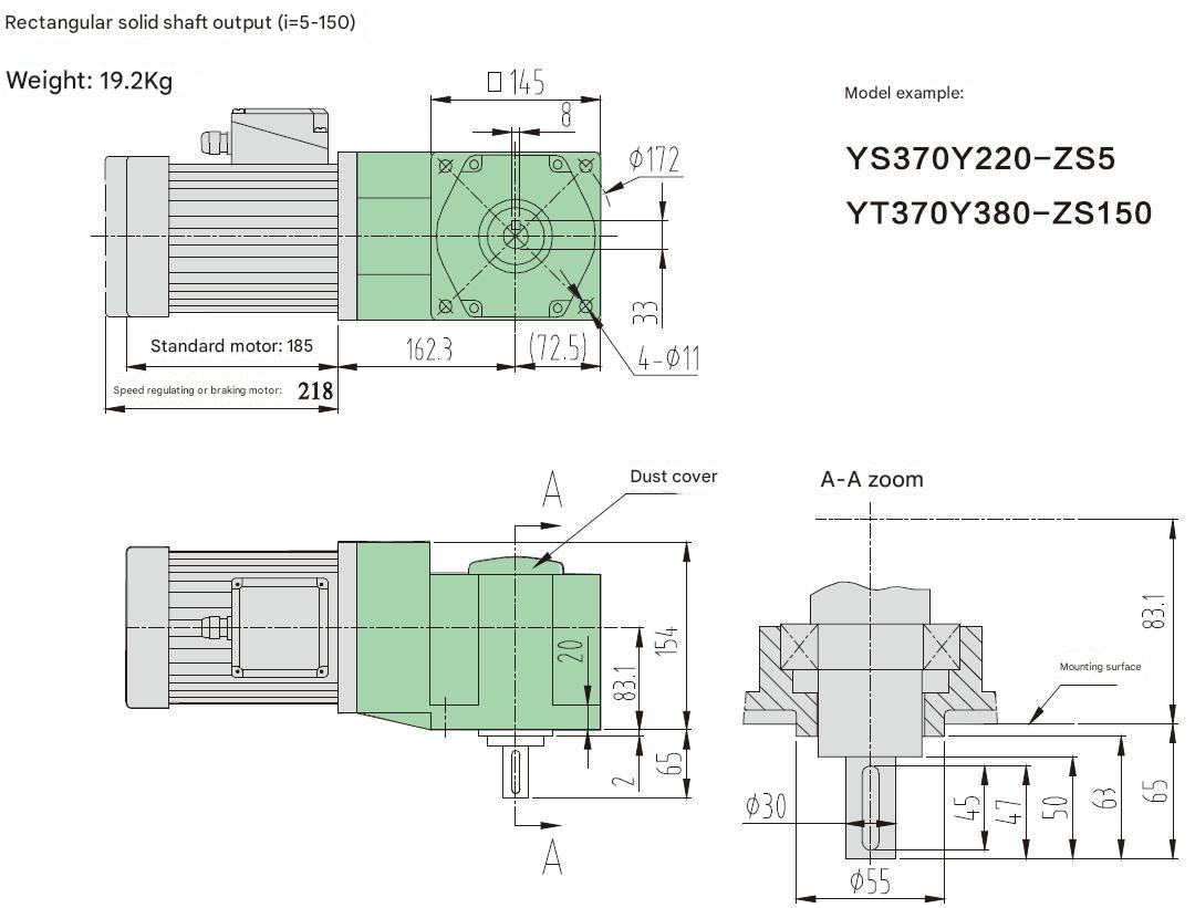 High Efficiency Compact Medium-sized Right Angle Speed Reducer with Hollow Shaft for 370W Electric Motor ODM Customized Support