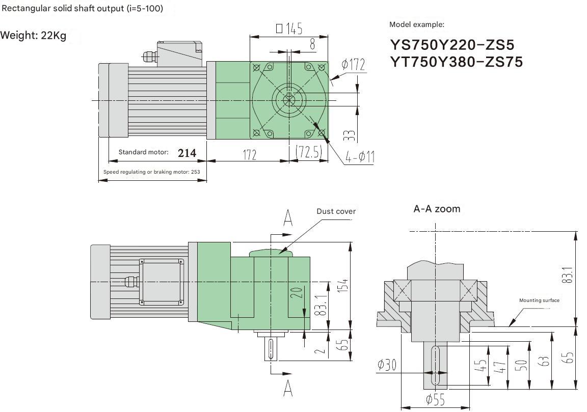 Bevel Reducer Solid/hollow Shaft Medium-sized Right Angle Reduction Gearbox with Optional 750w Motor
