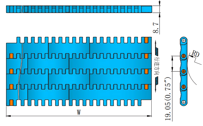 7300 Series 19.05mm Pitch Flat Top Chain Network Plastic Chain for Sale